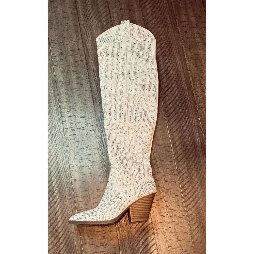 Forever White Rhinestone Over The Knee Western Cowgirl Boots Pointed Toe Heel 9